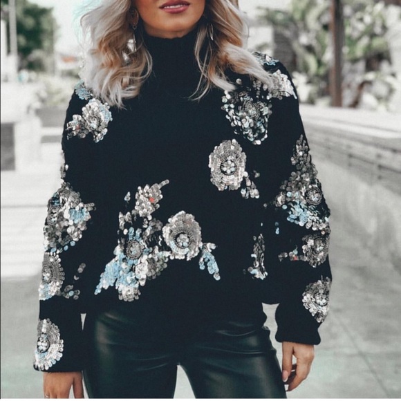 Zara | Sweaters | Zara Black Floral Sequined Mock Neckline Long Chunky